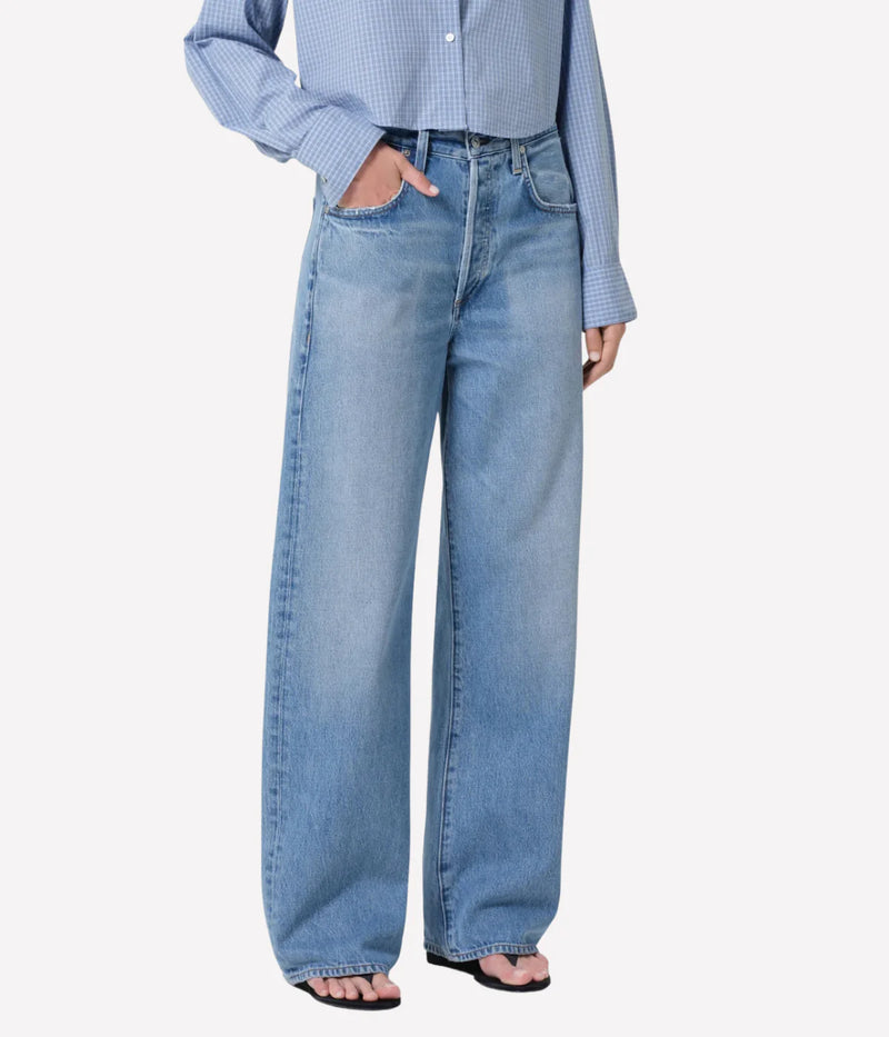 Angled front view of the Ayla Baggy Jean in Cupid highlighting the relaxed silhouette and vintage-inspired denim wash.