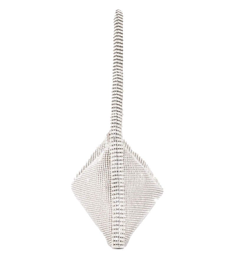 A silver rhinestone-embellished diamond-shaped clutch bag with a long, narrow handle, shown against a solid white background.
