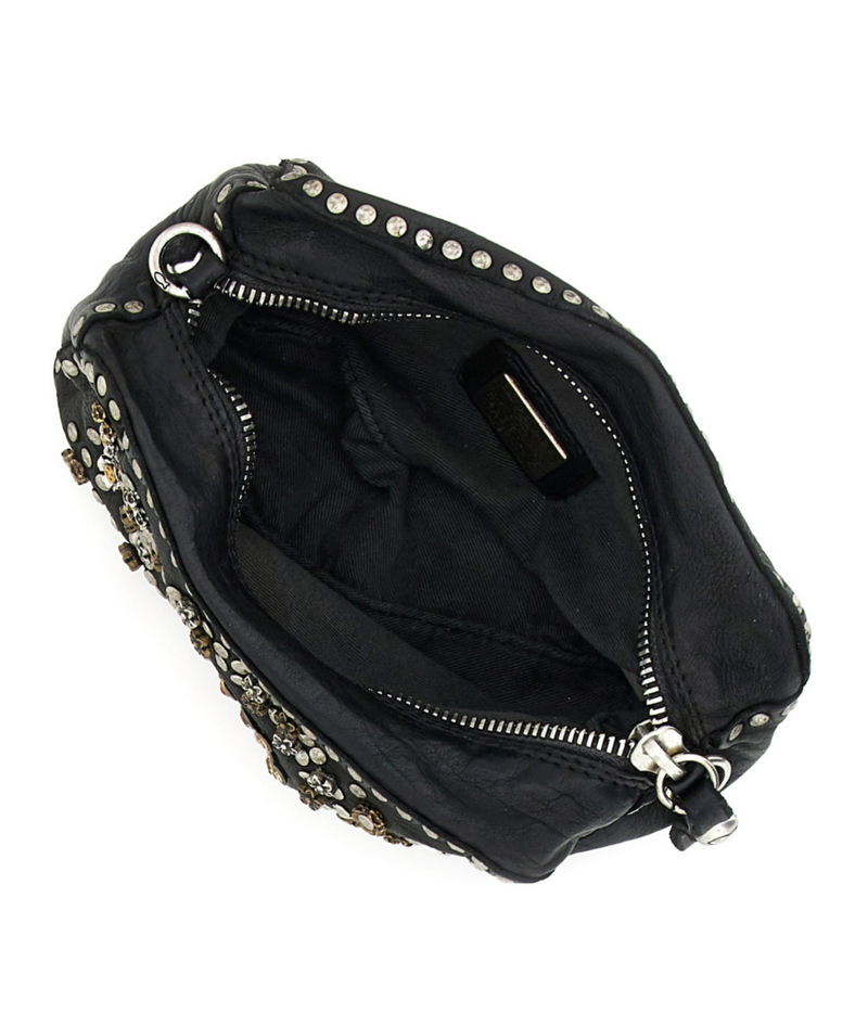 Black leather clutch purse with silver-tone studs and rhinestone embellishments, shown open to display the interior zippered compartments against a white background.