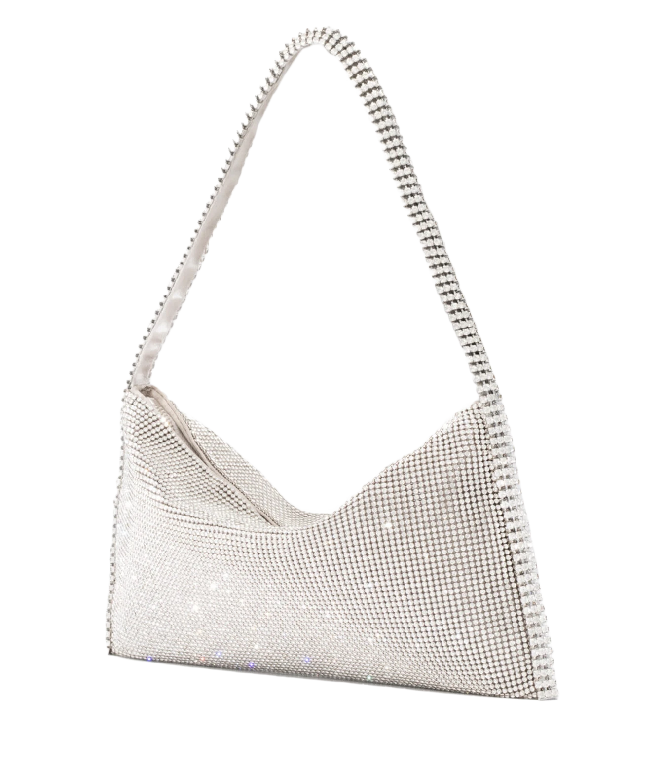 A silver rhinestone-embellished shoulder bag with a curved, chain-like strap, shown against a plain white background.