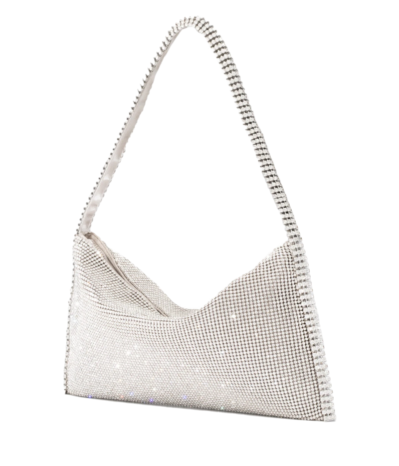 A silver rhinestone-embellished shoulder bag with a curved, chain-like strap, shown against a plain white background.