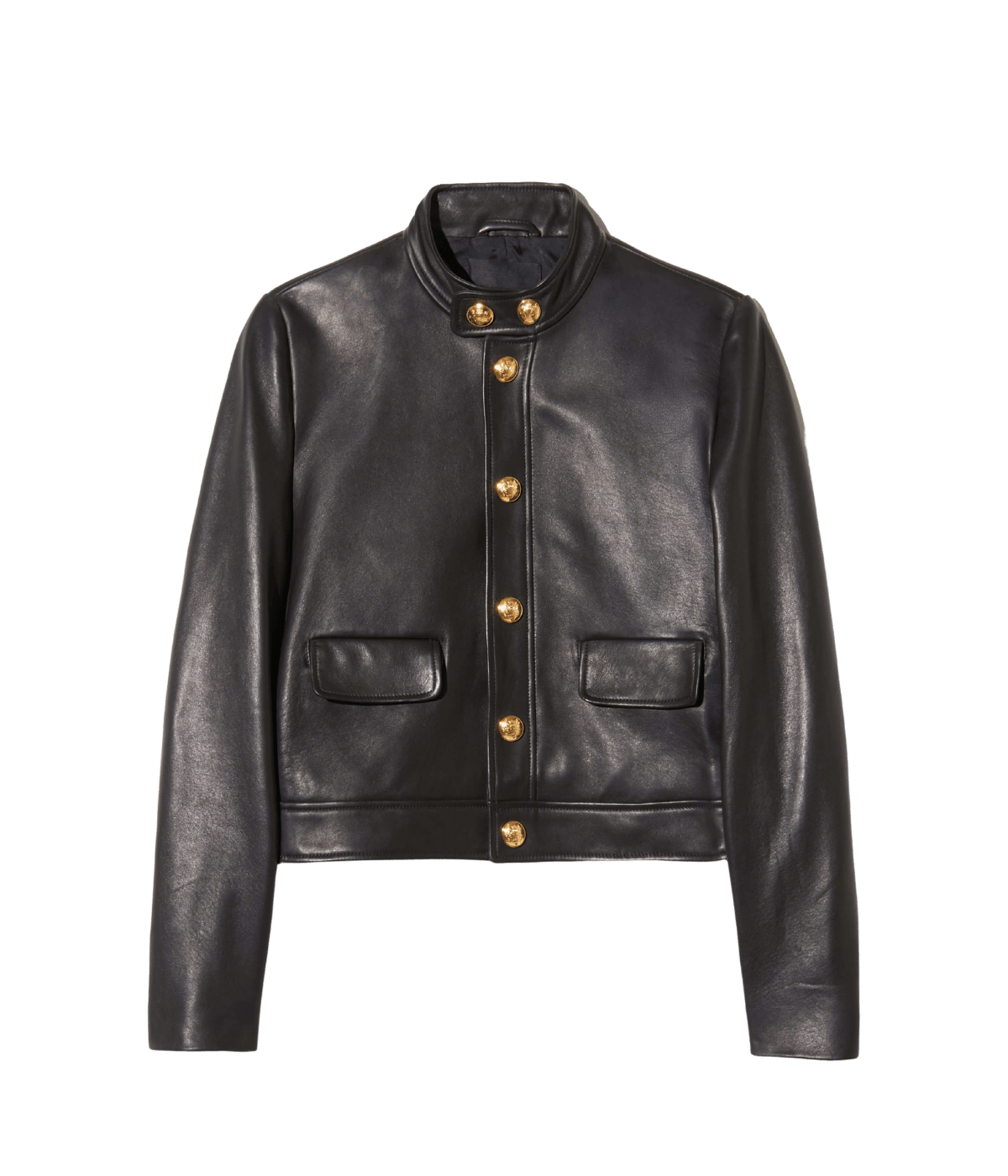Black leather jacket with gold buttons on a transparent background