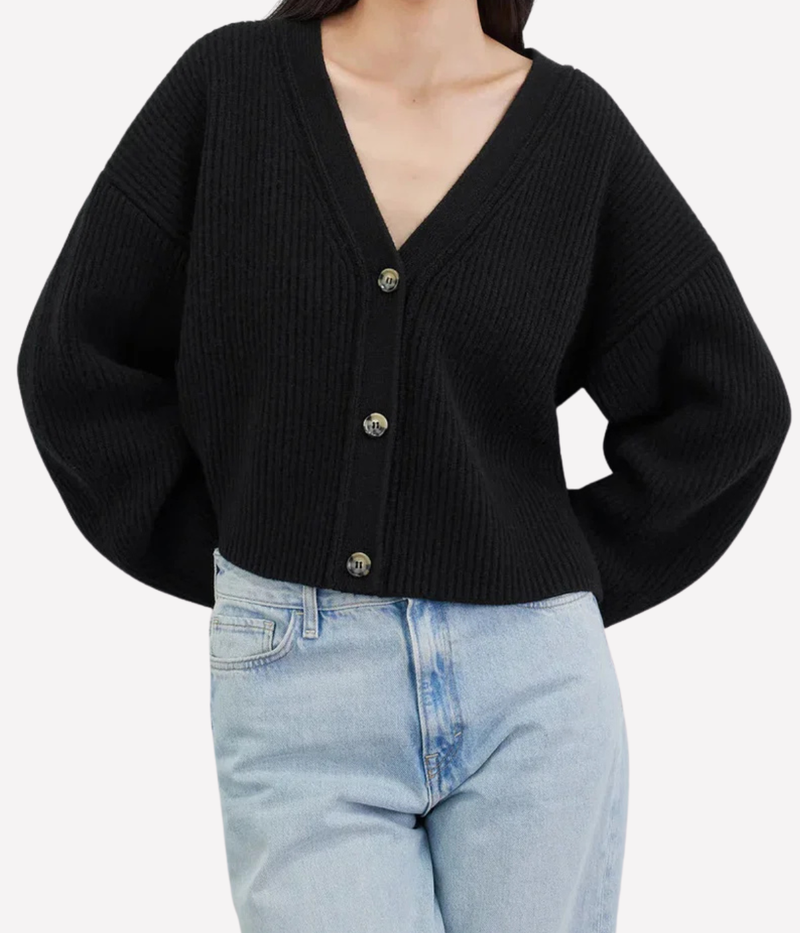 Soft Goat Ribbed Cardigan in Black – Front View