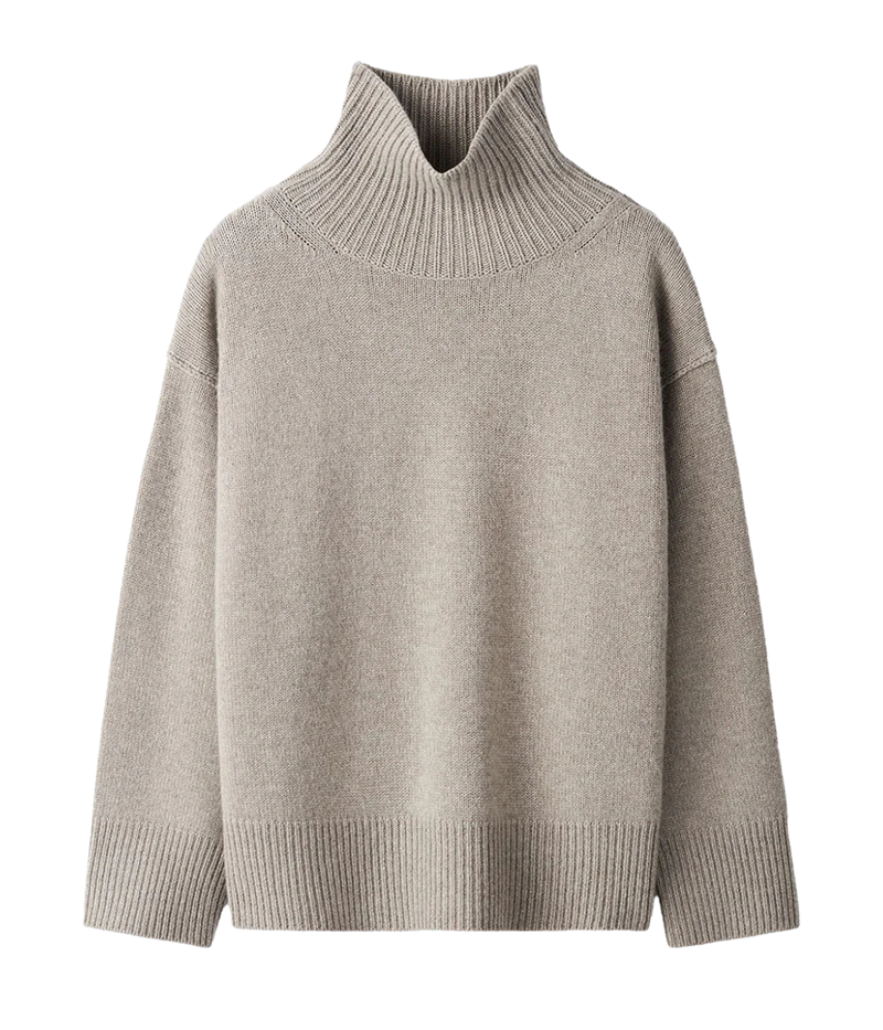 Soft Goat Alpaca Boyfriend Turtleneck in Greige – Flat Lay