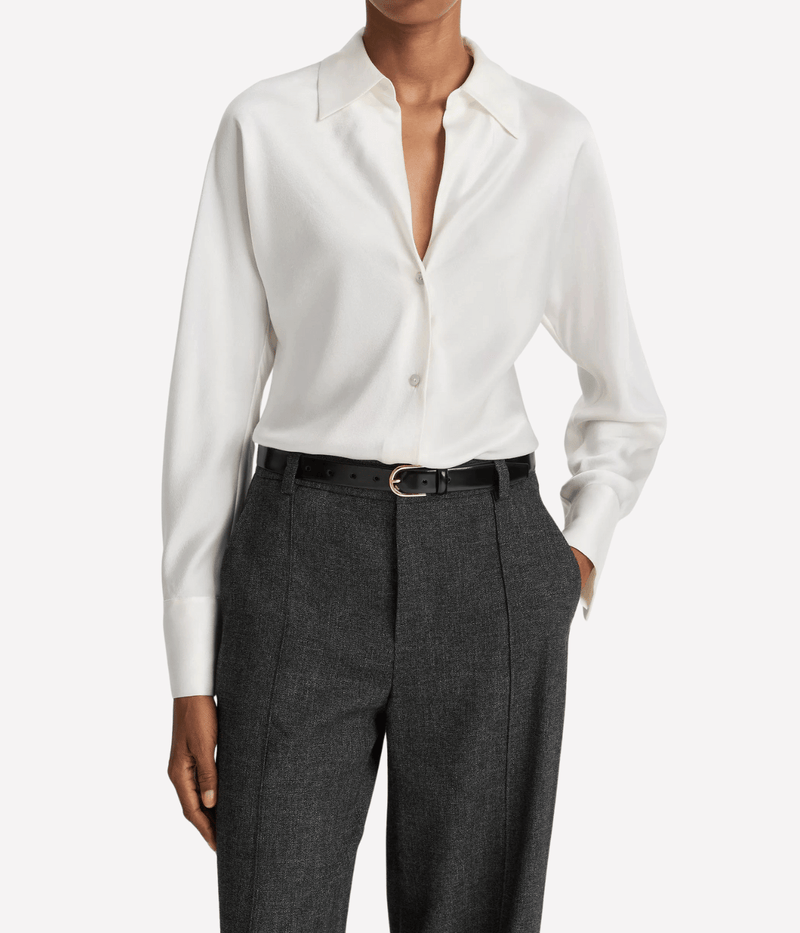 L/S Button Down Silk Blouse in Off White