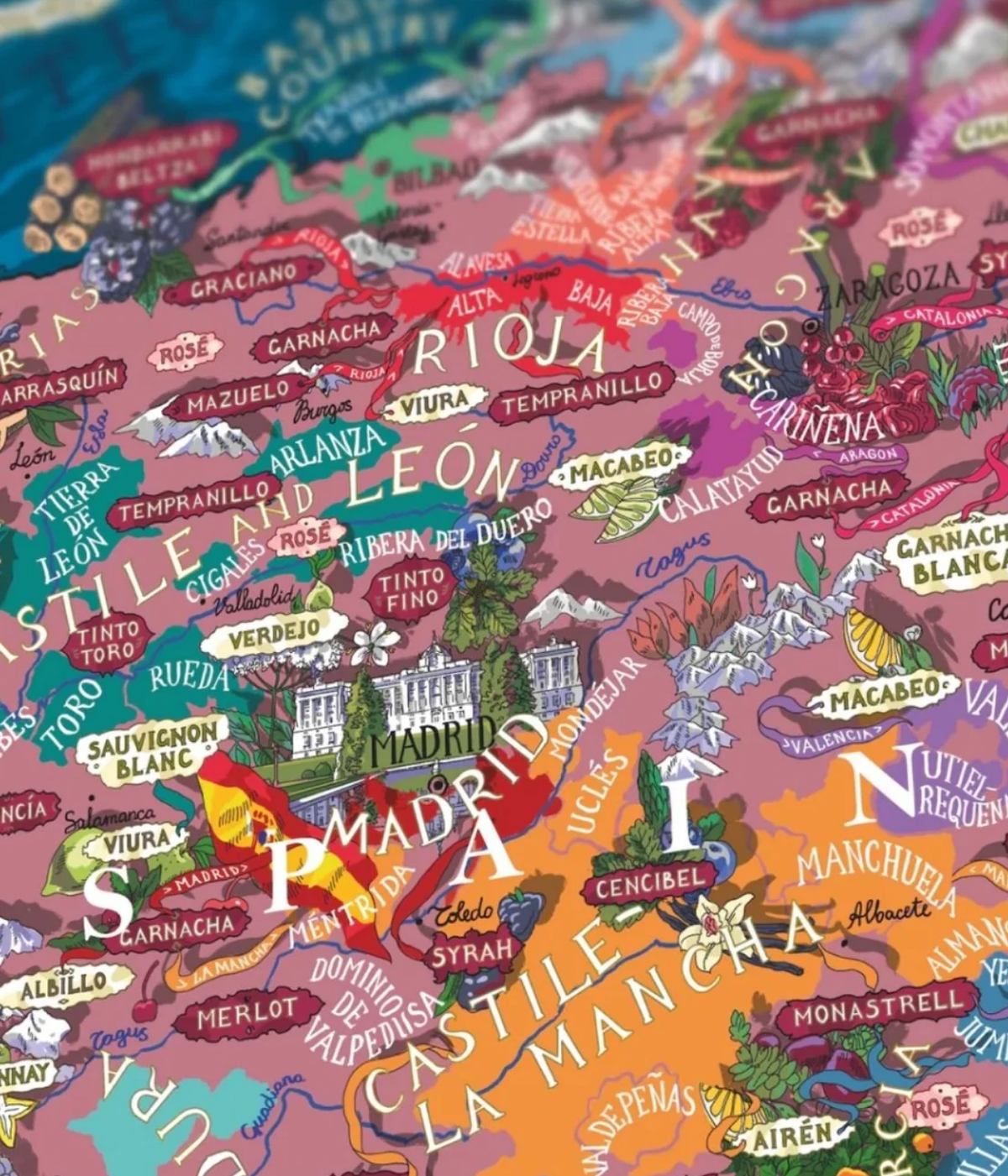 Close-up of the Water and Wines 1000 Piece Puzzle of Spain illustration, showing Rioja, Ribera del Duero and Castile-La Mancha with grape varieties such as Tempranillo, Garnacha and Verdejo around Madrid