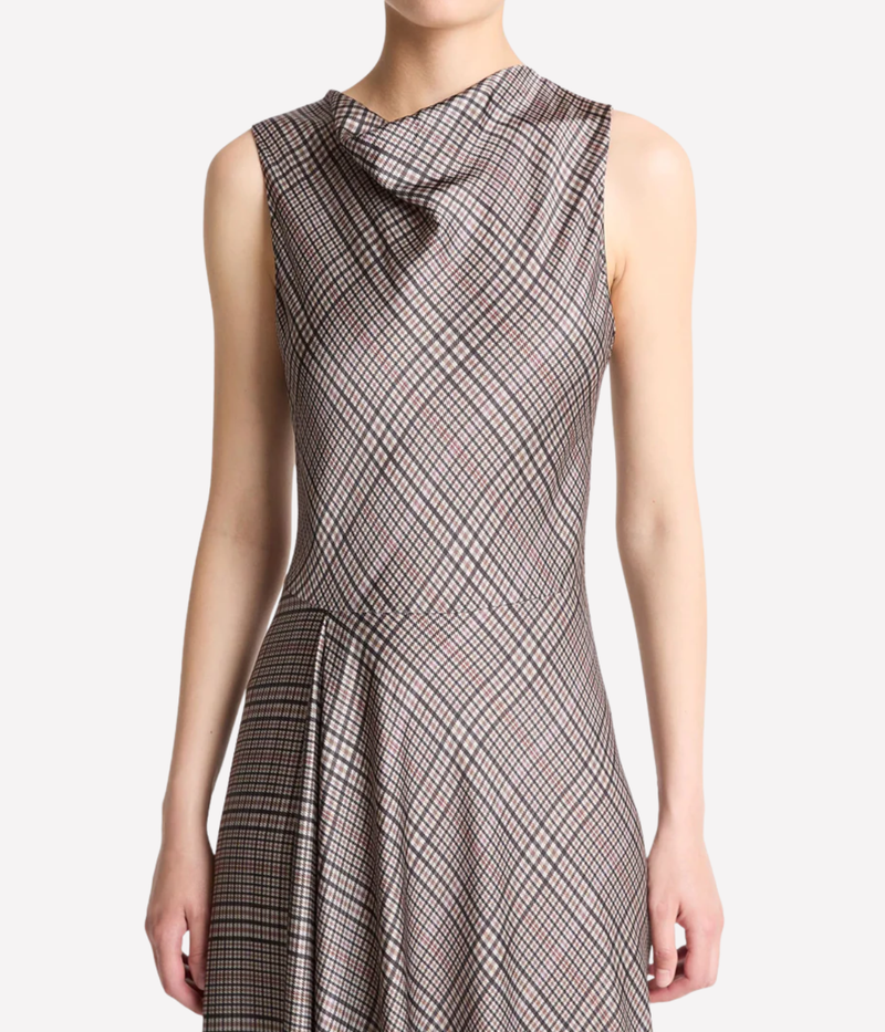 Pressed Plaid Cowl Neck Dress in Multi Plaid