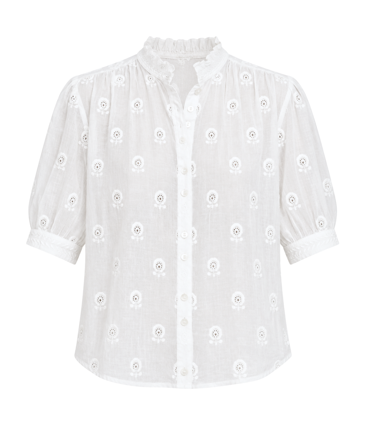 M.A.B.E Frani Embroidered Short Sleeve Top in White – flat lay