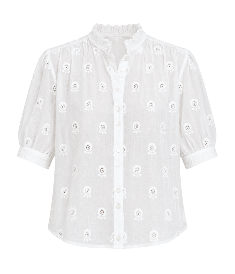 M.A.B.E Frani Embroidered Short Sleeve Top in White – flat lay