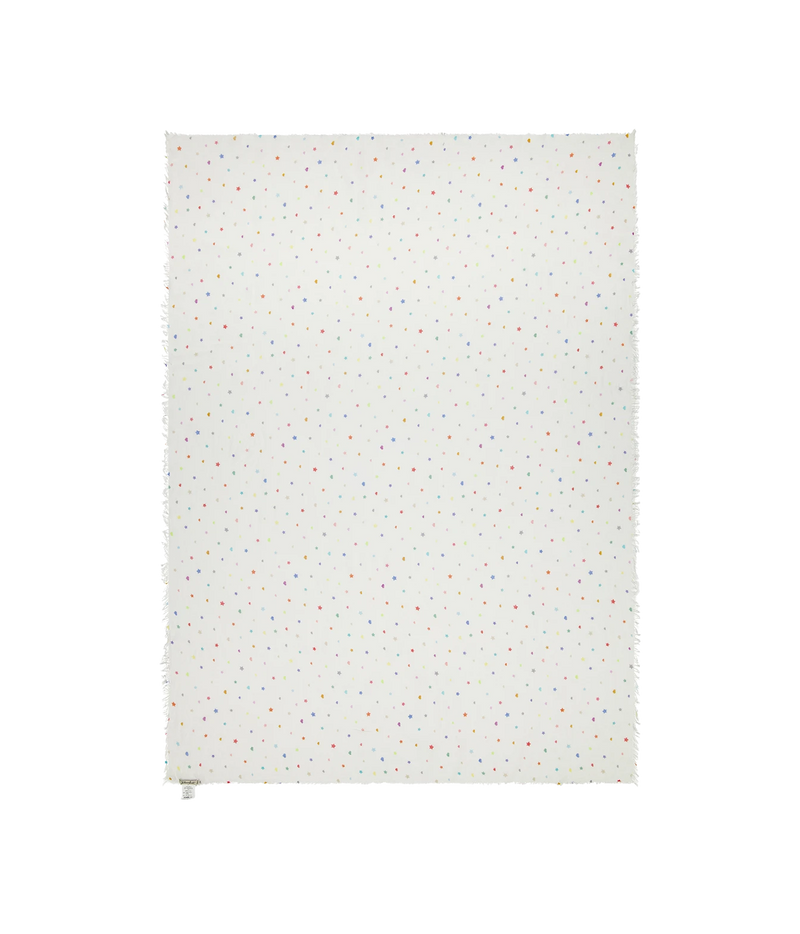 A rectangular white fabric panel with a delicate, all-over multicolor confetti dot pattern and frayed edges