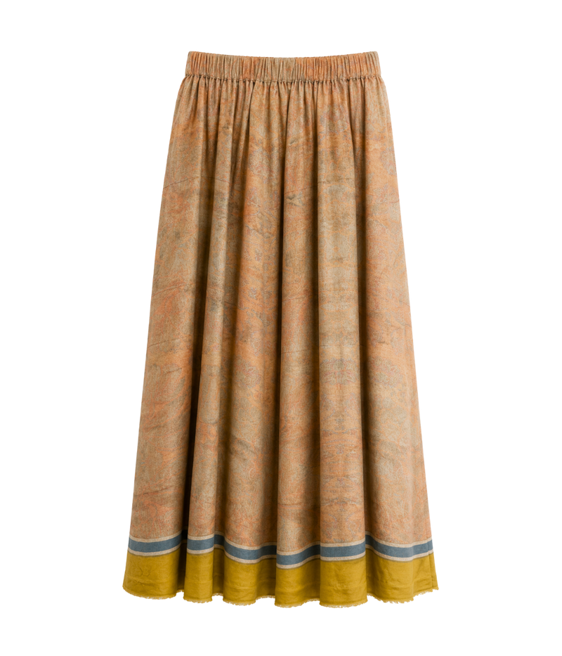 Pierre-Louis Mascia Aloe Silk Skirt in Terracotta Multi, laid flat, showing the full skirt in a terracotta print with a mustard hem band