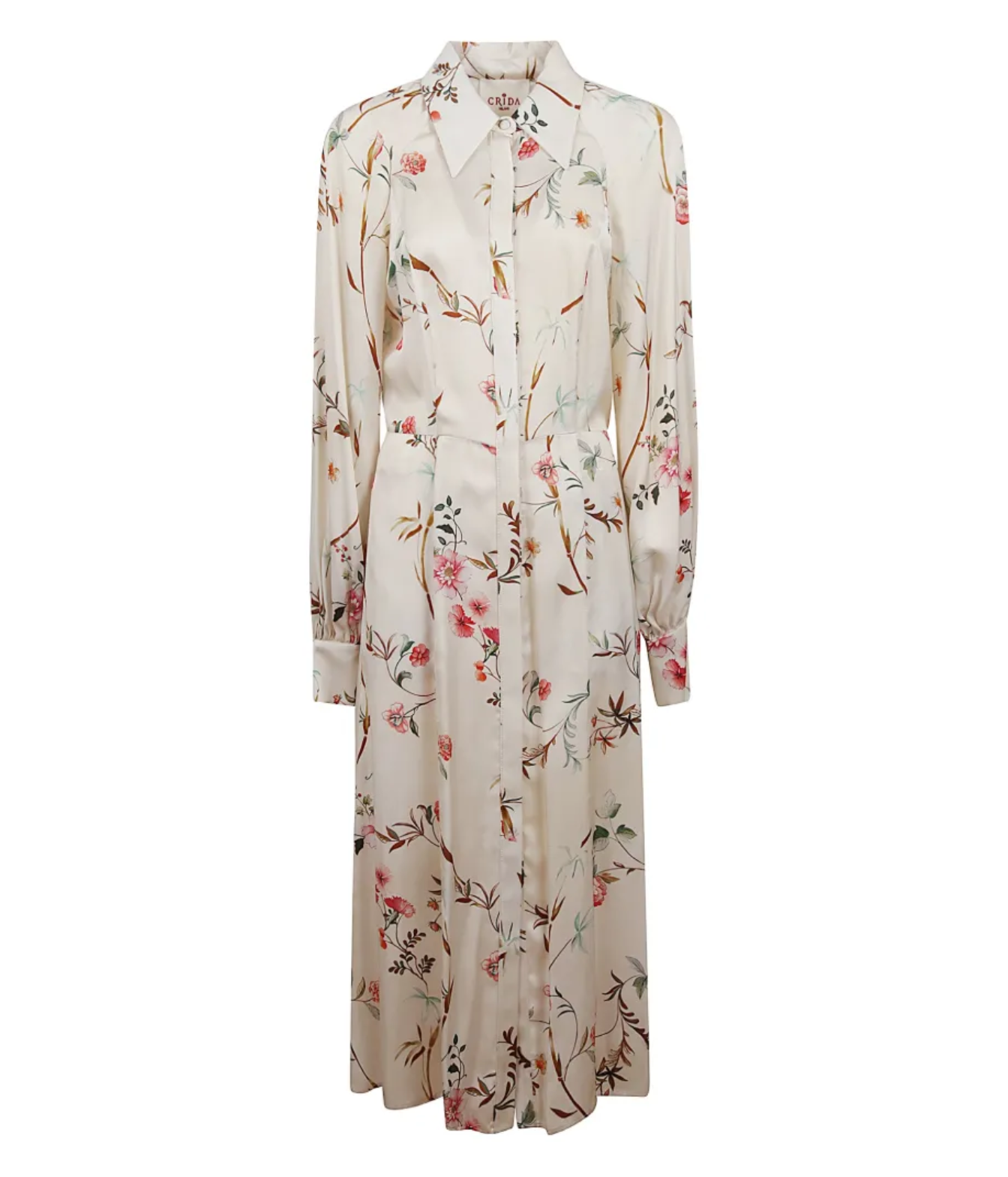 A long-sleeve button-front shirt dress in cream with a delicate floral and botanical print in pink, green, and brown, shown against a plain white background.