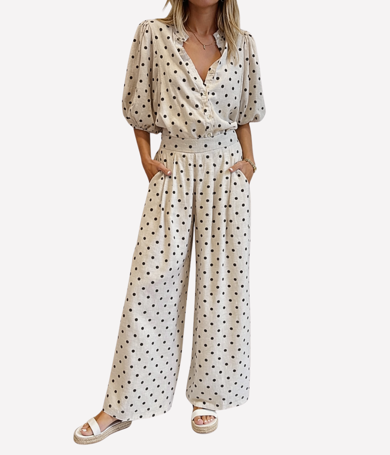 Sabi Linen Pants in Natural Black Polka Dot