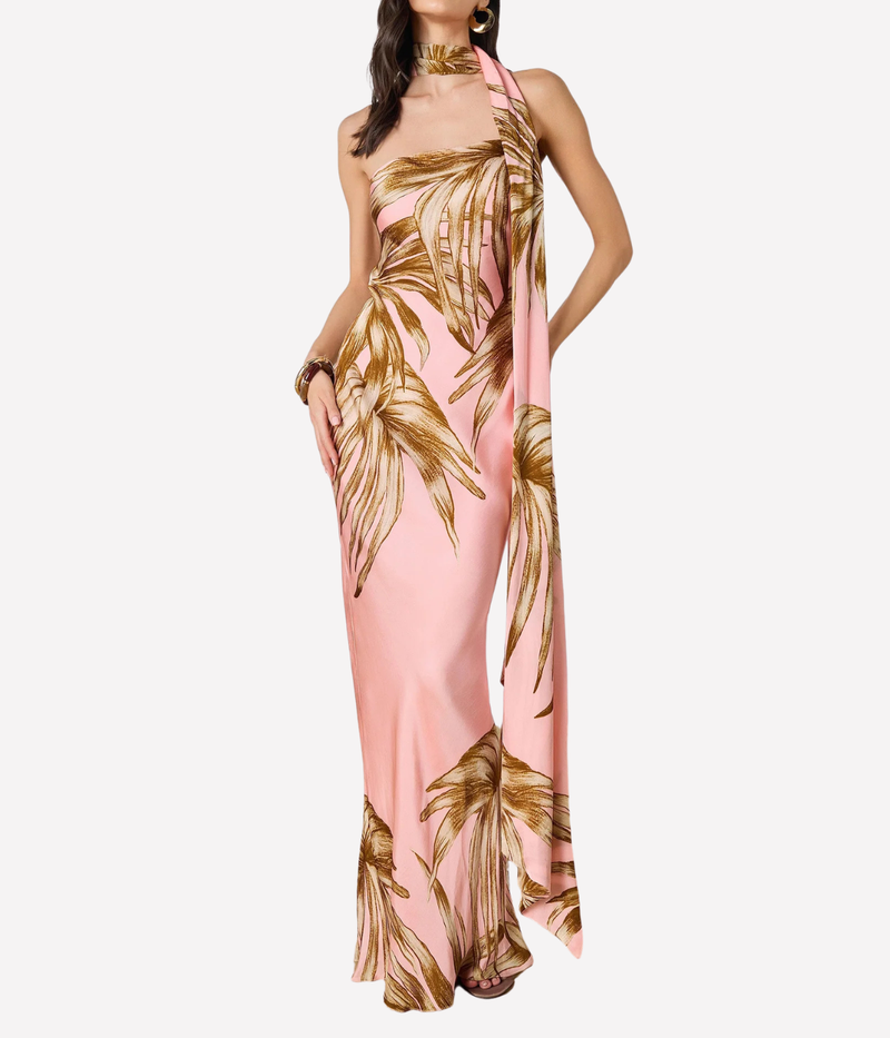 Pink and gold floral halter neck jumpsuit on a white background