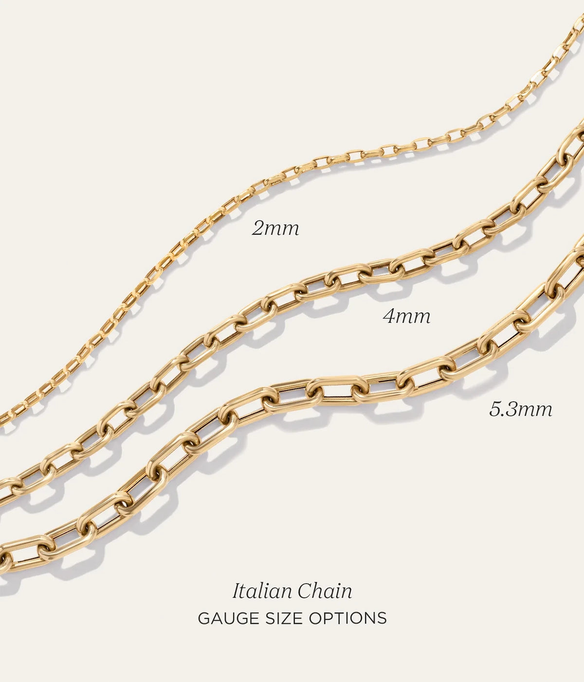 Graphic showing the Adina Reyter 4mm Wide 18" Italian Chain Link Necklace in 14K Yellow Gold alongside the Italian chain's other gauge sizes