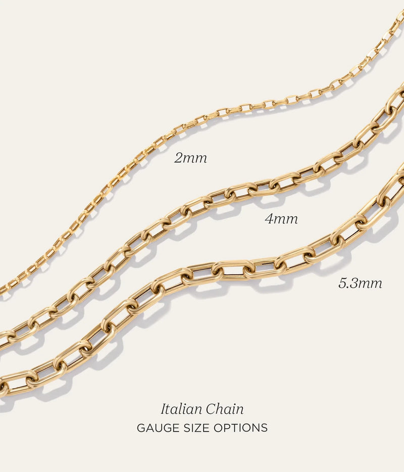 Graphic showing the Adina Reyter 4mm Wide 18" Italian Chain Link Necklace in 14K Yellow Gold alongside the Italian chain's other gauge sizes