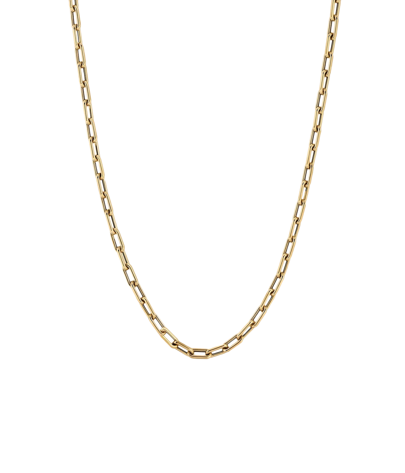 Adina Reyter 4mm Wide 18" Italian Chain Link Necklace in 14K Yellow Gold hanging straight, showing its polished elongated links