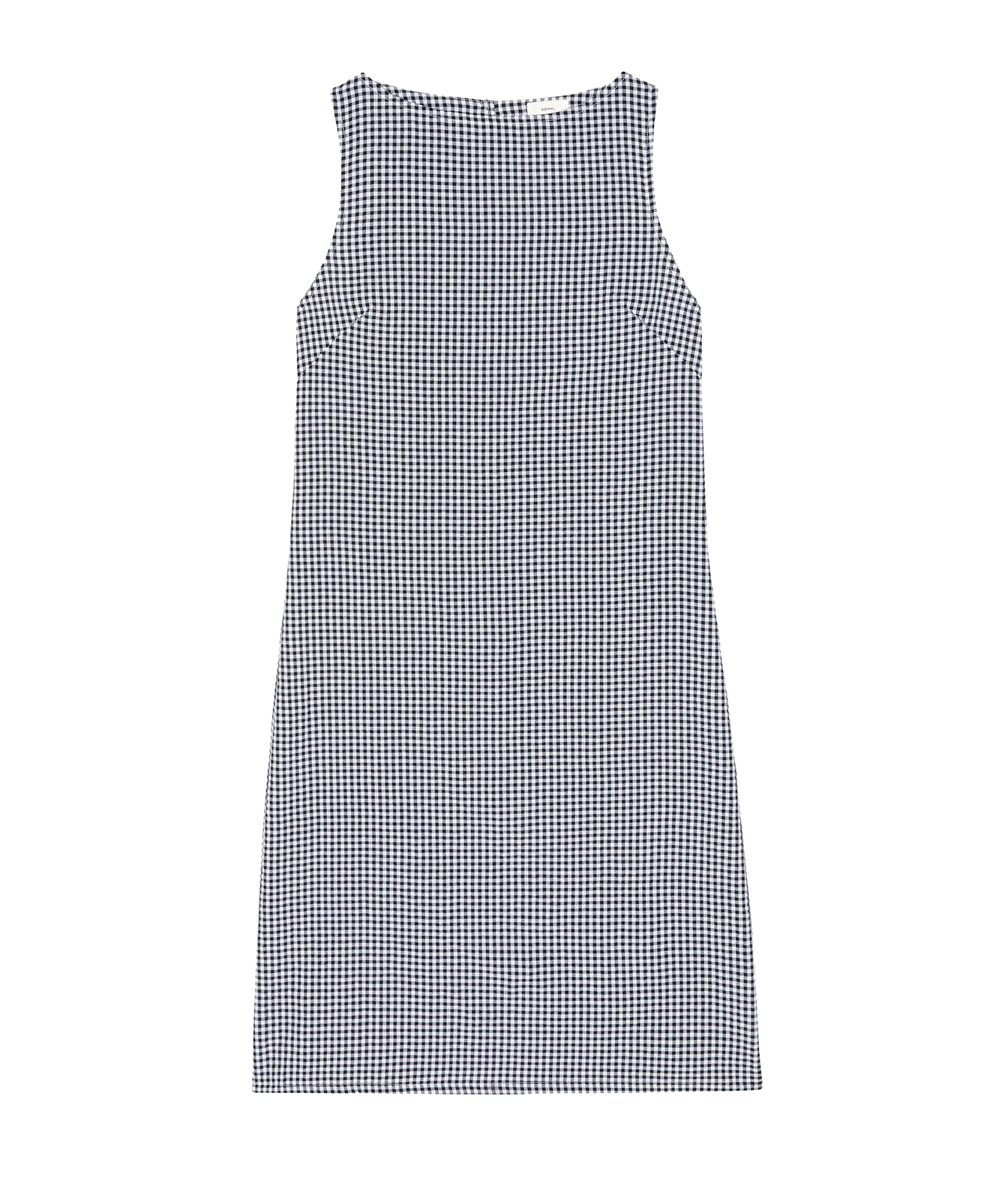 A sleeveless A-line dress featuring a small black and white gingham check pattern, presented flat against a solid white background.