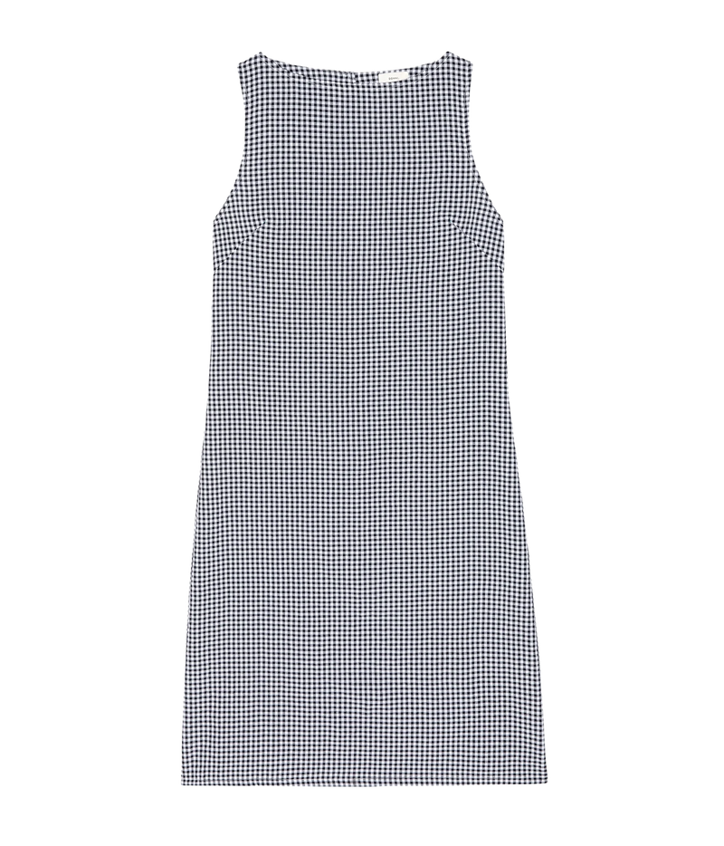A sleeveless A-line dress featuring a small black and white gingham check pattern, presented flat against a solid white background.