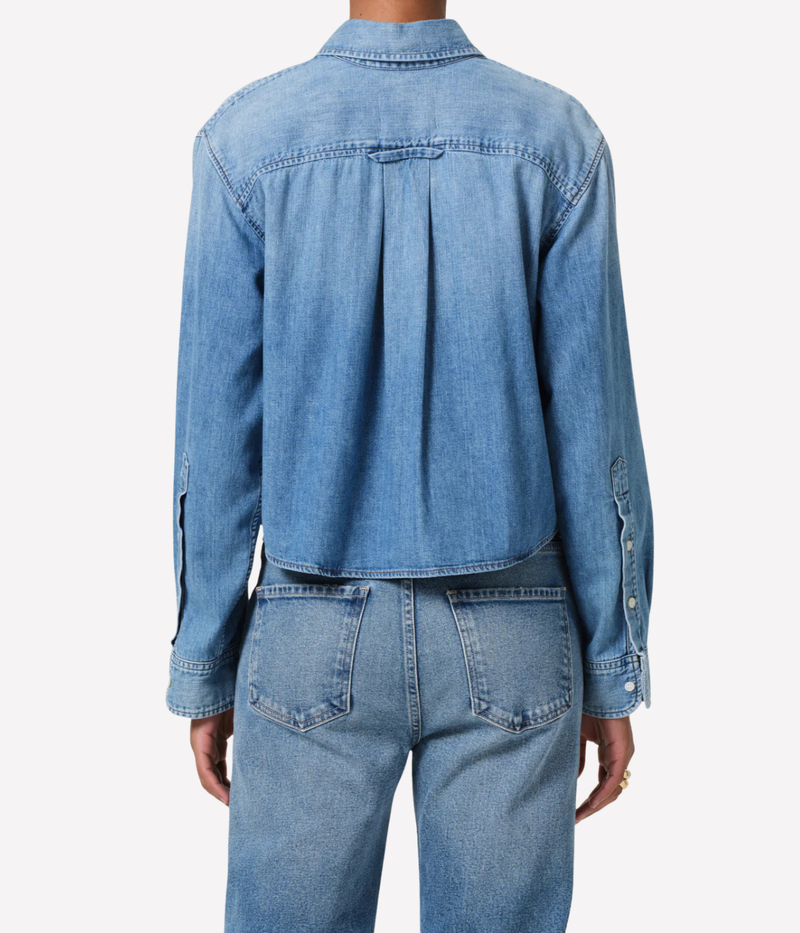 Back view of the Baby Shay Cropped Shirt in Carolina Blue showcasing the clean silhouette and cropped design.