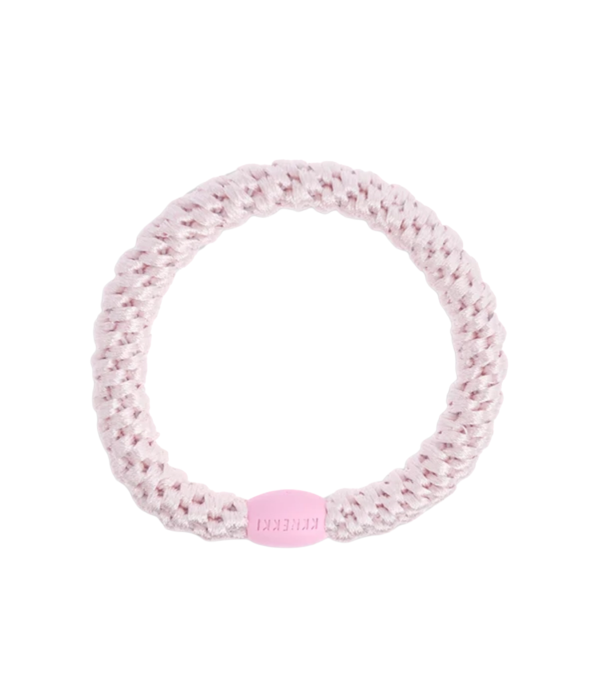 A light pink coloured braided hair band with a smooth plastic bead with KKNEKKI writing