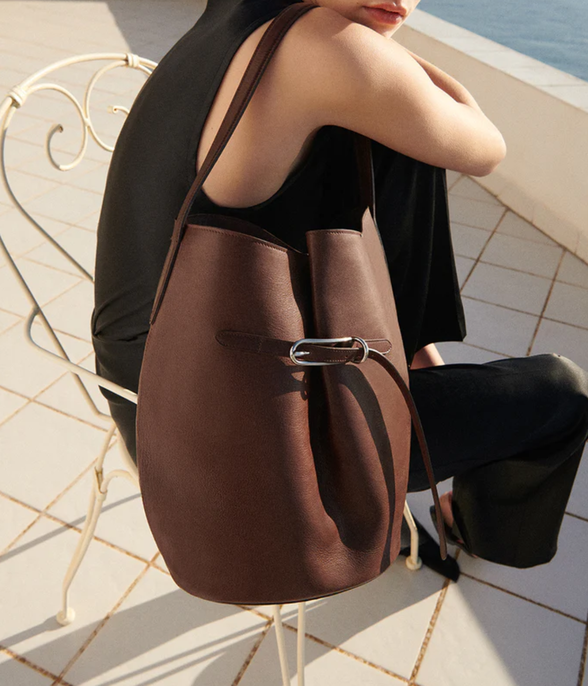 Belted Bucket Bag Large in dark brown