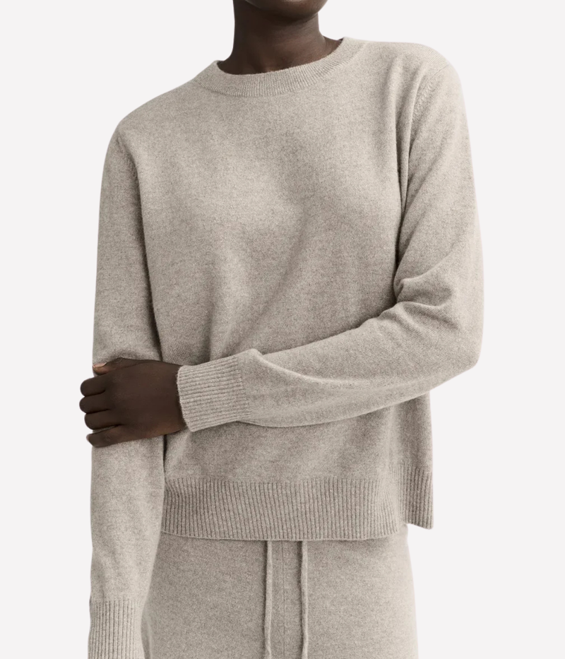 Soft Goat Cashmere Round Neck Sweater in Greige – Front View