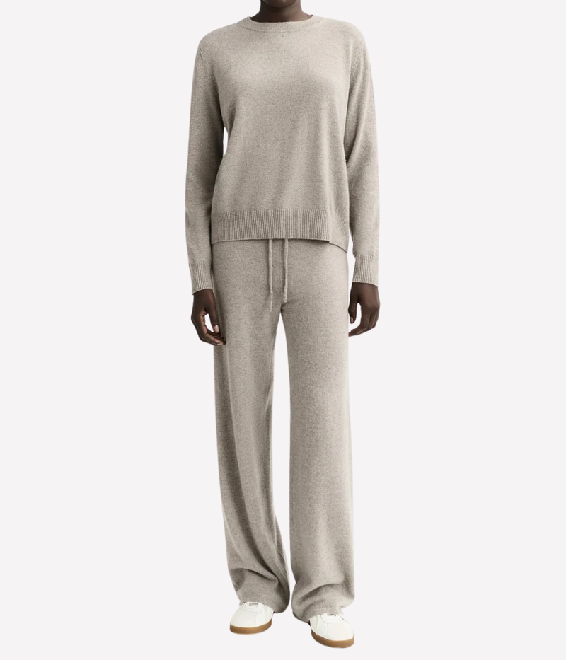 Soft Goat Cashmere Round Neck Sweater in Greige – Full Model View
