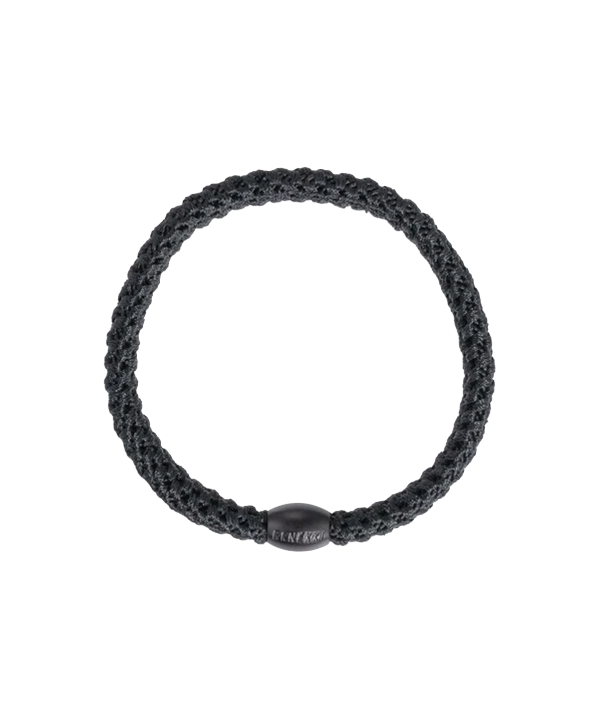 A black braided hair band with a smooth plastic bead with KKNEKKI writing