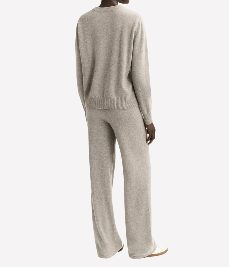 Soft Goat Cashmere Round Neck Sweater in Greige – Back View Full Model