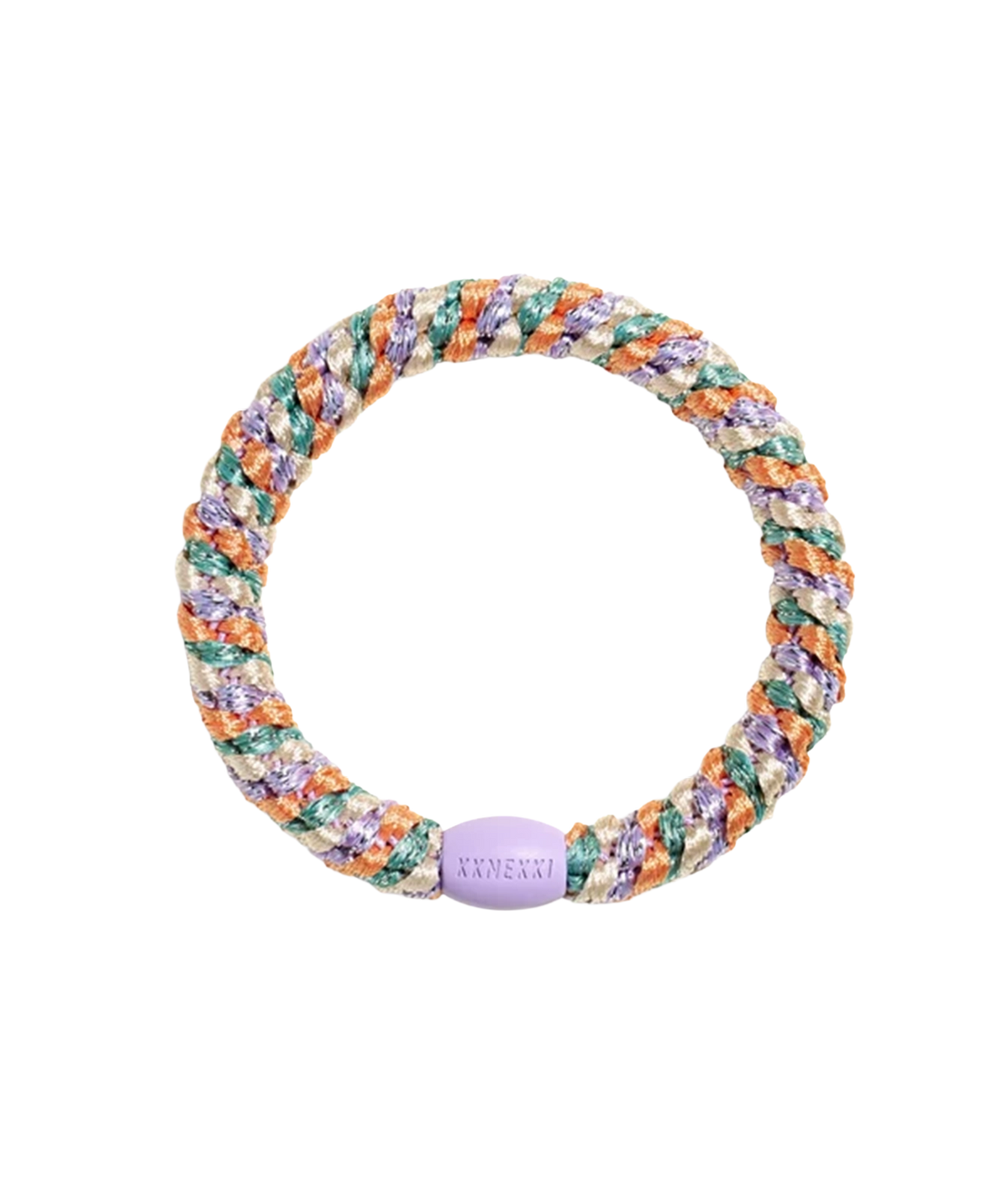 A multi coloured braided hair band with a smooth plastic bead with KKNEKKI writing