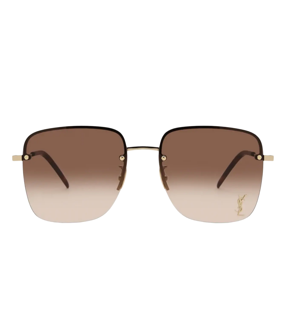 Front view of Saint Laurent SL 312 M Rimless Sunglasses in Light Gold and Gradient Brown showing the Cassandre monogram on the lens