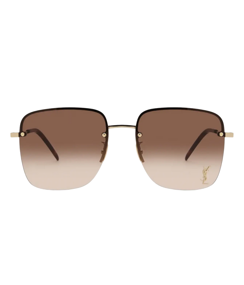 Front view of Saint Laurent SL 312 M Rimless Sunglasses in Light Gold and Gradient Brown showing the Cassandre monogram on the lens