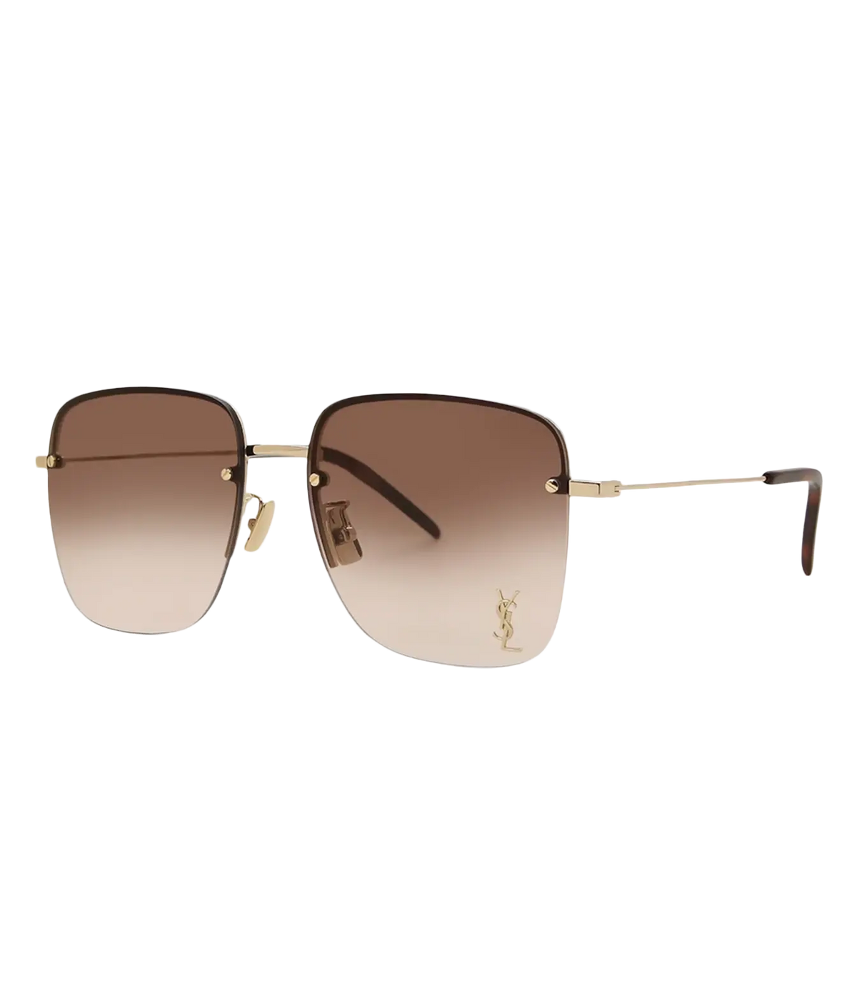 Angled view of Saint Laurent SL 312 M Rimless Sunglasses in Light Gold and Gradient Brown