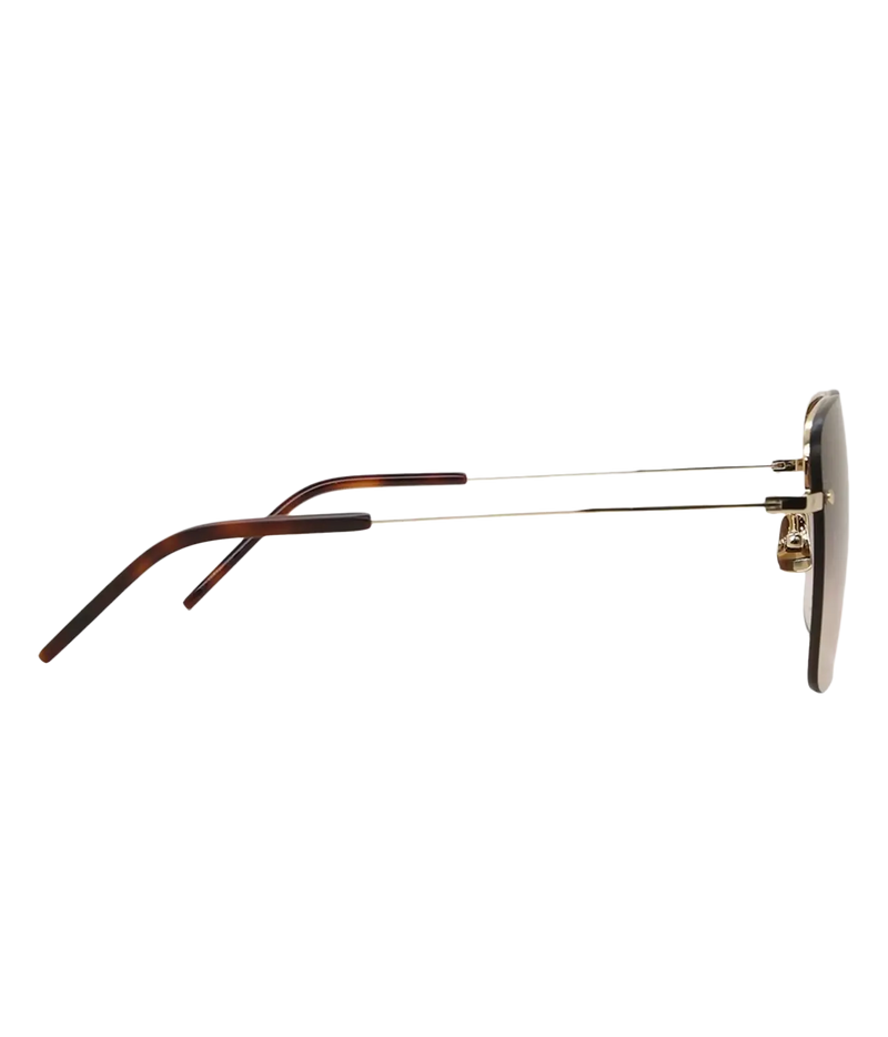 Side view of Saint Laurent SL 312 M Rimless Sunglasses in Light Gold and Gradient Brown showing the gold temple and brown end tip