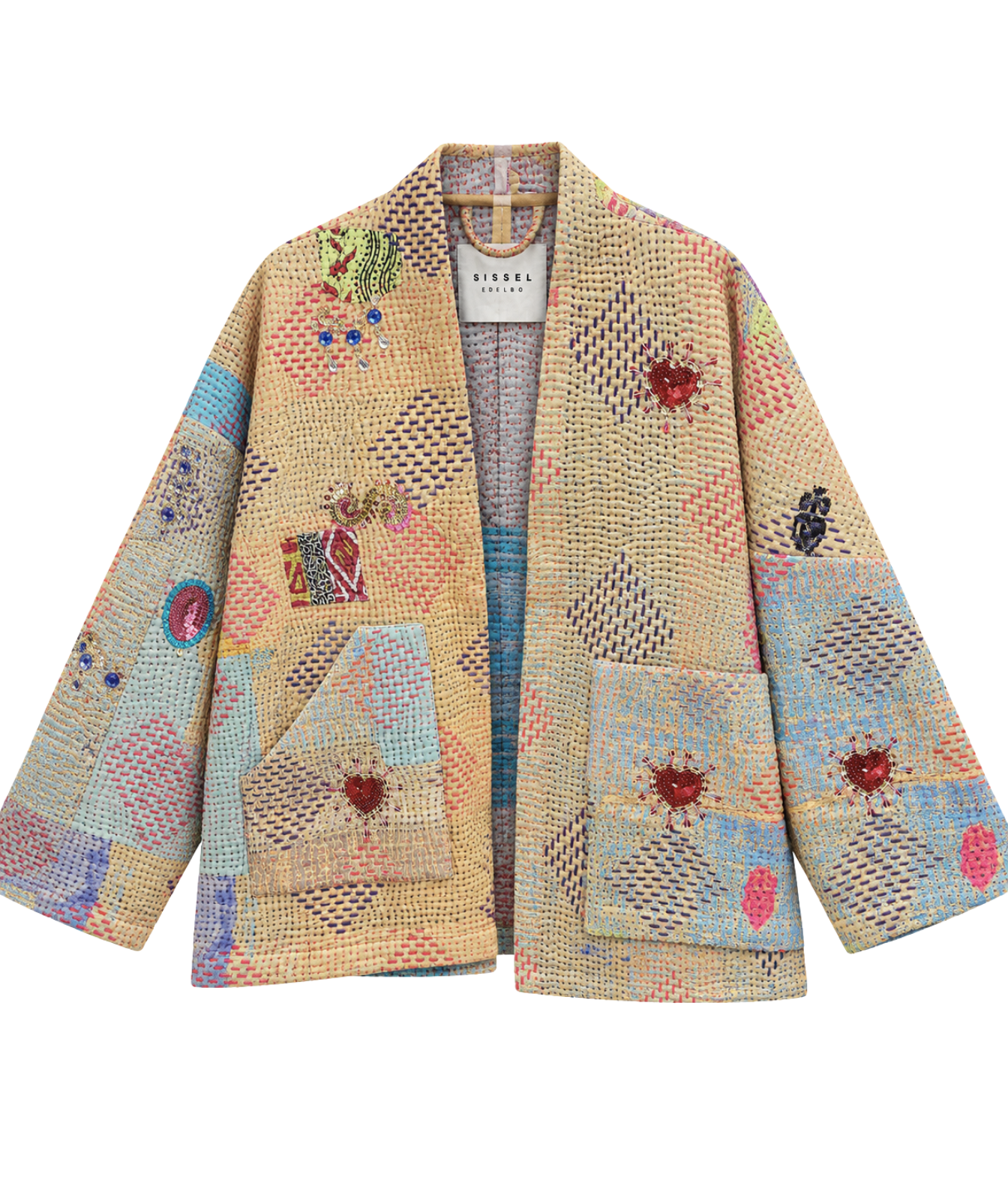an open-front jacket featuring a colorful patchwork design with geometric patterns and embroidered details, displayed on a clean white background.