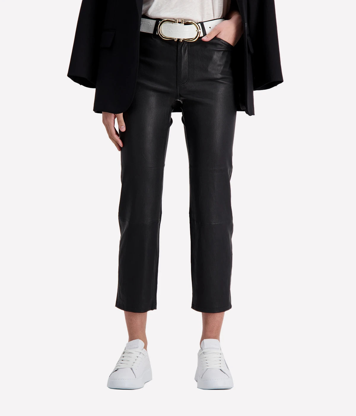 5 Pocket Crop Flare Leather Pant in Black