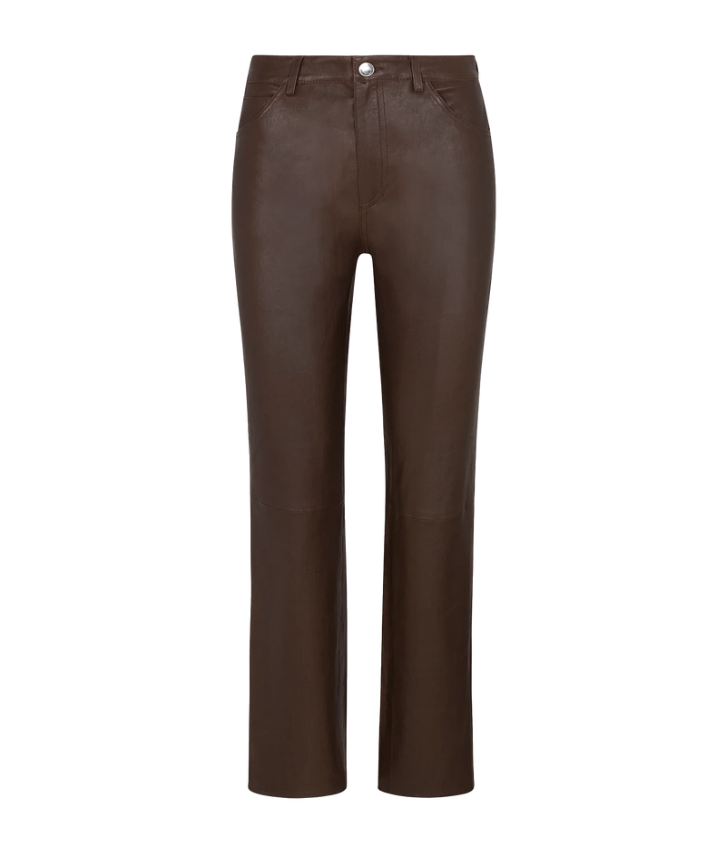 A pair of dark brown faux leather cropped pants with a straight-leg fit, shown on a plain white background.