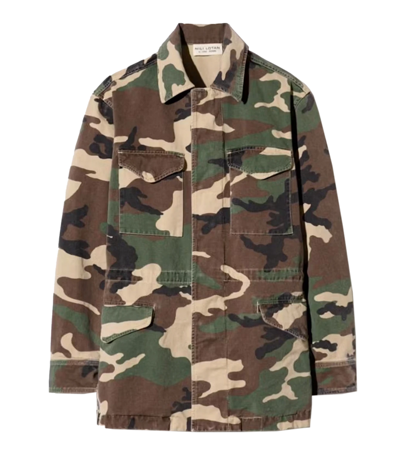 A classic military-style camouflage jacket with a collar, button-up front, and four front flap pockets, shown flat on a white background.