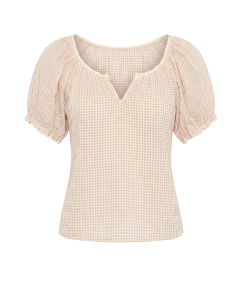 A beige and white gingham short-sleeve blouse with puff sleeves and a split V-neckline, shown on a plain white background.