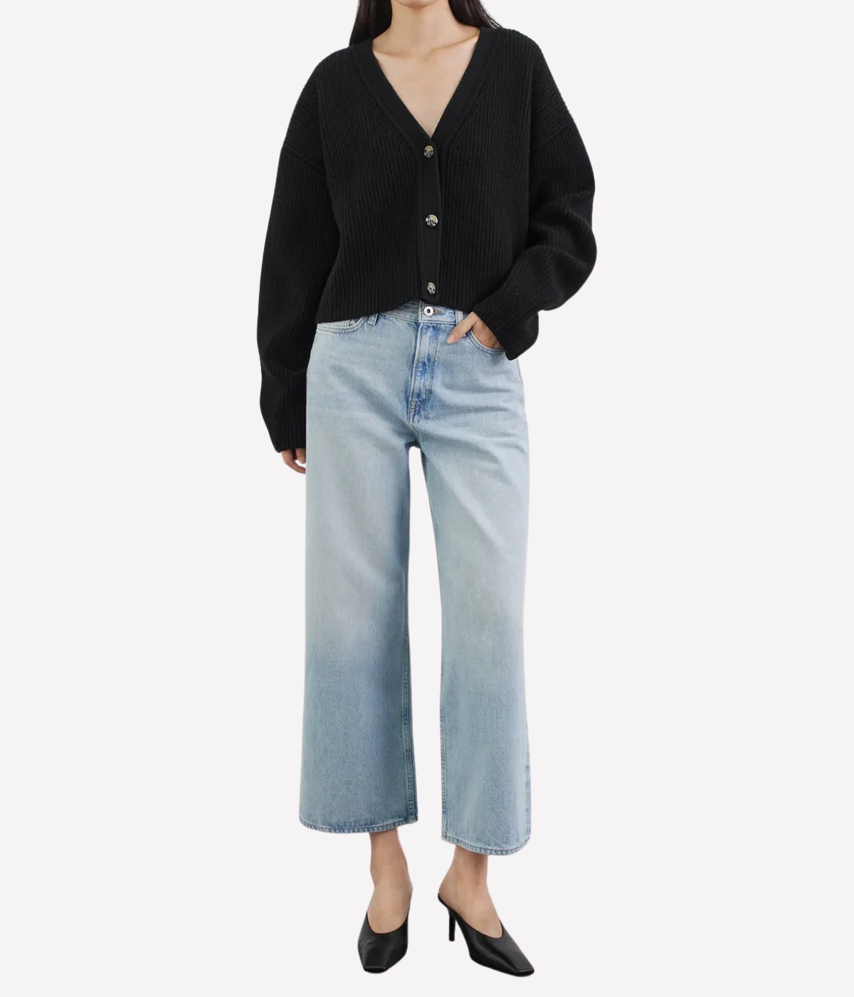 Soft Goat Ribbed Cardigan in Black – Full Model View