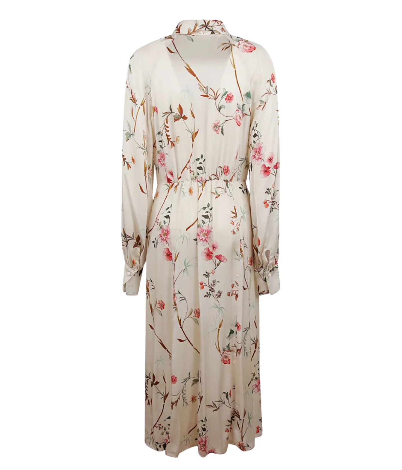 A long-sleeve midi dress with a wrap-style V-neck and waist tie, featuring an all-over floral and botanical print in pink, green, and brown on a cream background.