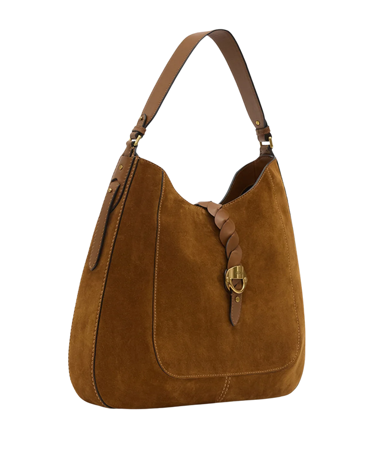 Isabel Marant Altay Hobo Day Bag in Cognac suede, shown at an angle with curved shoulder strap, stitched front panel and gold-tone hardware.
