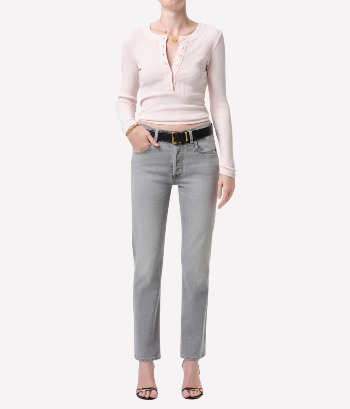 Citizens of Humanity Varra Henley Organic Cotton Top in Pink Peppercorn, full-length styling with grey jeans and heels.