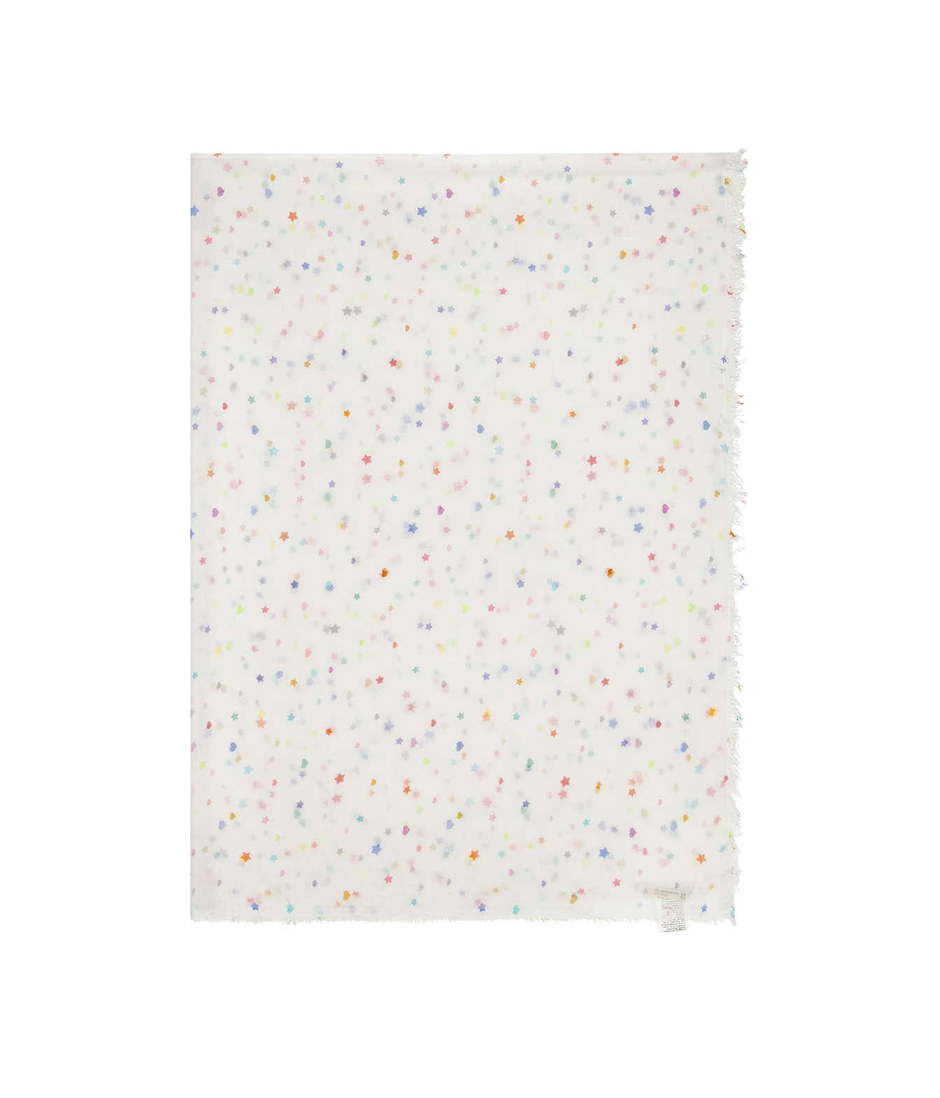 A rectangular white fabric panel with a scattered confetti pattern of small multicolored dots, finished with frayed edges on the right side