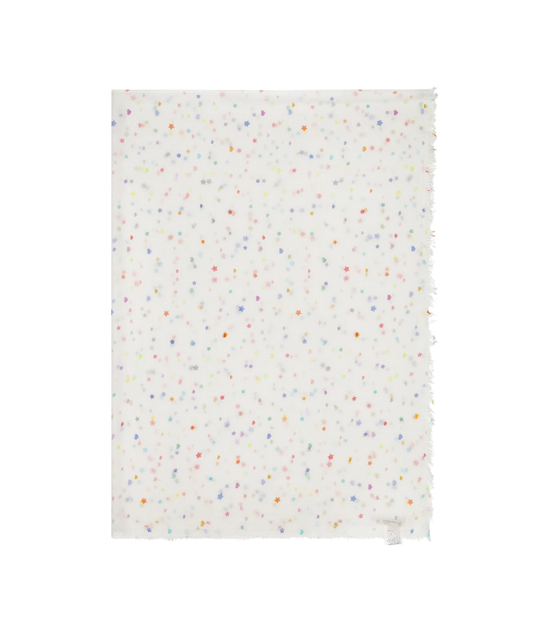 A rectangular white fabric panel with a scattered confetti pattern of small multicolored dots, finished with frayed edges on the right side