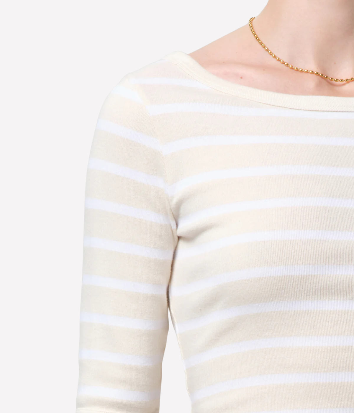 Citizens of Humanity 3/4 Sleeve Boat Neck Slim Tee in Brulee Stripe - Shoulder Detail View