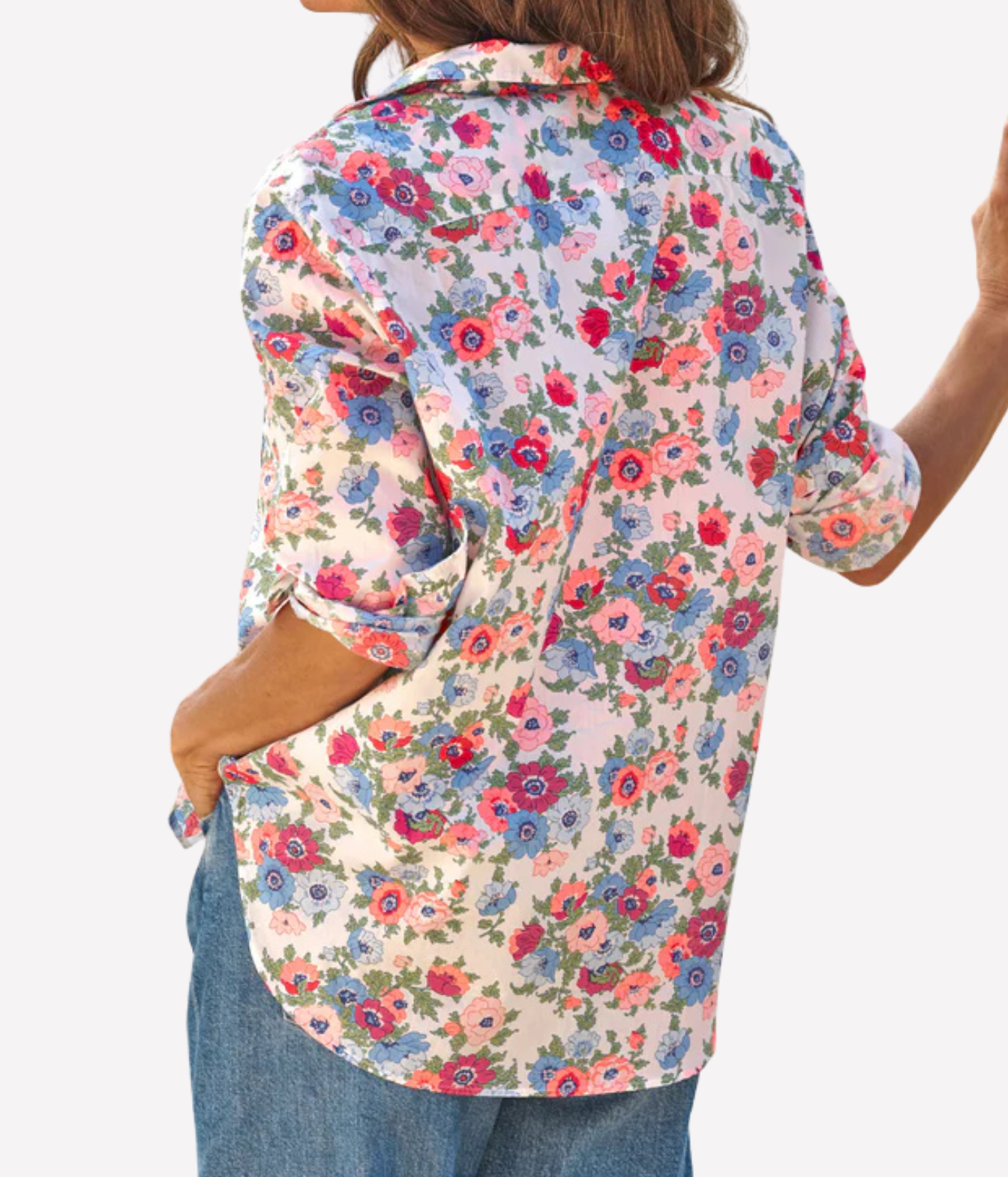 Eileen Woven Button Up Shirt In Pink Red Blue Flowers