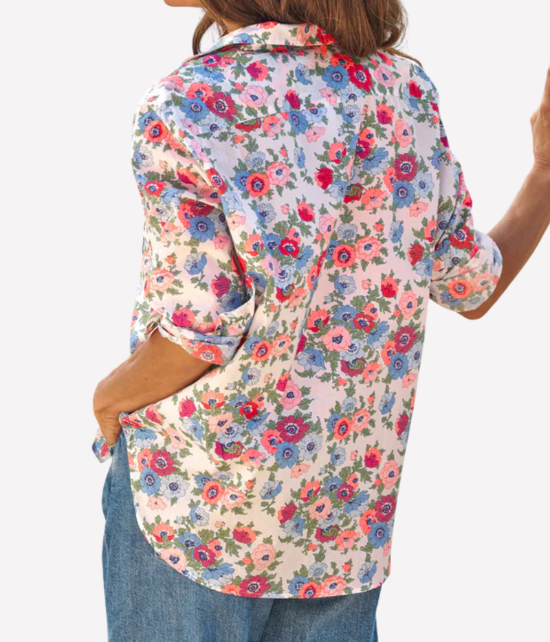 Eileen Woven Button Up Shirt In Pink Red Blue Flowers
