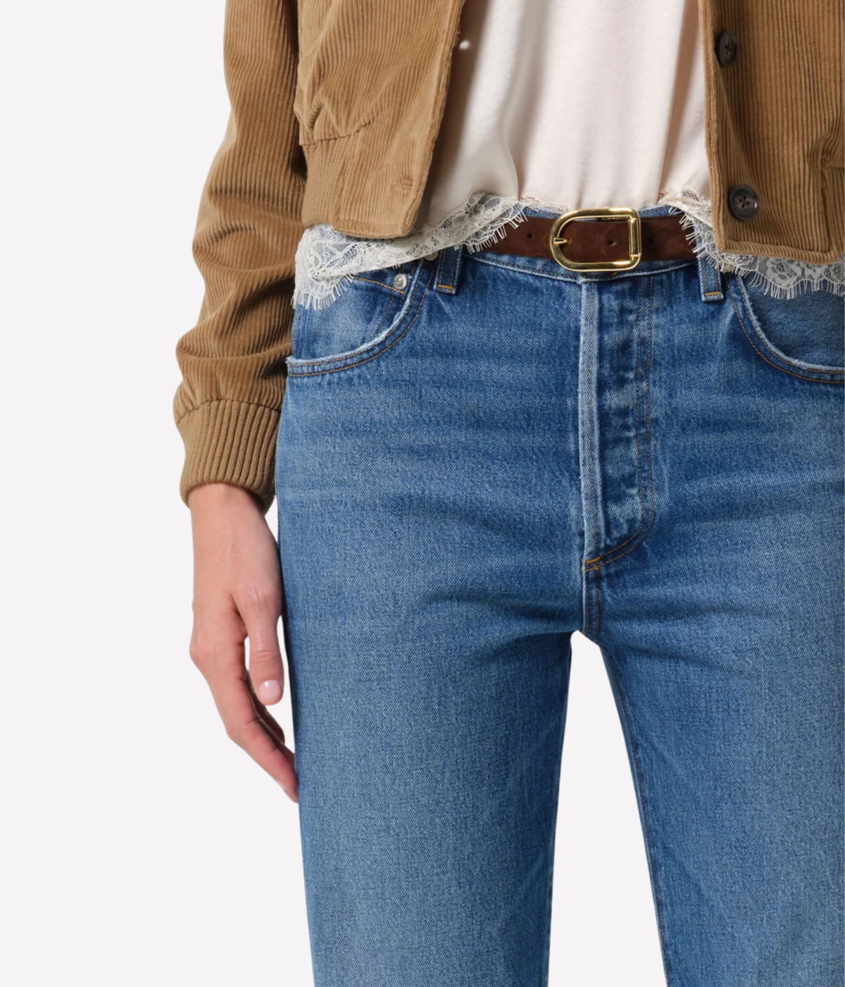 Close-up of the Citizens of Humanity 90s French Straight in Pastis showing the high-rise waist, button fly, front pockets and soft whiskering, worn with a brown leather belt and cream lace-trim top
